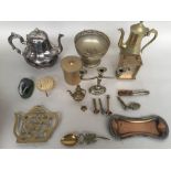 A mixed lot of brass and EPNS items to include a coffee pot 23cmH, a spoon with a scorpion handle,