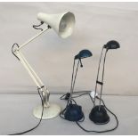 A cream Anglepoise lamp 75cm fully extended together with two telescopic desk lamps one blue,