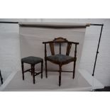 An Edwardian ivory inlaid corner armchair chair with blue foliate upholstered seat with turned