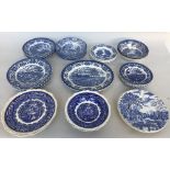 A selection of blue and white china including a Johnson Bros 'Willow' pattern part tea set; bowls,