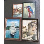 A selection of pictures including an oil painting of a kingfisher,