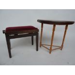 An adjustable piano stool with maroon seat together with a demi lune inlaid side table 74cmW