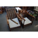 A pair of Edwardian reclining adjustable low armchairs with barley twist supports (2)
