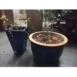 Two blue glazed stoneware plant pots, one round 47cmD and another square tapered pot,