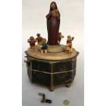 An 1880 Wendt & Kuhn wooden painted Music box (with Key) featuring Madonna with Baby Jesus and six