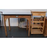 A vintage pine kitchen table with single drawer under enamel worktop and metal bracing 74cmH x 61 x