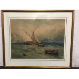 A large framed print after an oil painting of fishing vessels near cliffs 46cm x 60cm together with
