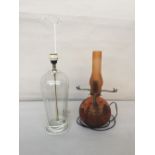 An urn shape table lamp 48cmH together with a cameo style amber colour glass lamp with chimney,