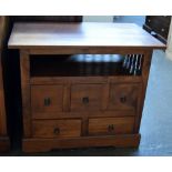 A teak side cabinet with galleried shelf over three short and two long drawers 65 x 79 x 50cm