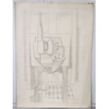 John Edwards, Abstract composition with a still life with fruit and coffee pots, pencil on paper,