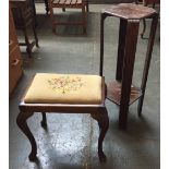 An Edwardian occasional stool with floral embroidery together with a pot stand.