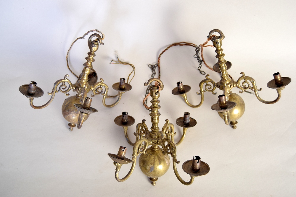 Three 18th century style four arm brass small light electroliers