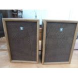 A pair of vintage Sanyo speakers with fabric covers and teak effect box 40 x 18 x 28cm
