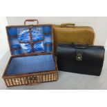 Vintage luggage to include a wicker picnic basket,