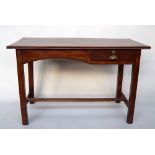 A teak desk/side table with single locking drawer and cross stretcher 60 x 122 x 75cmH