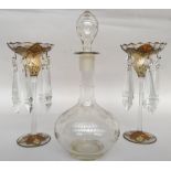 A pair of glass table lustre candlesticks with five droppers each decorated with cream and amber