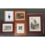 A quantity of pictures including various prints of cows, dogs and two watercolours of cats,