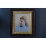 British School, Portrait of a woman in a blue dress with a dragon fly brooch,