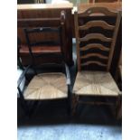 Two ladder back rocking bedroom chairs with wicker seats,