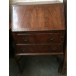 Small mahogany bureau with internal divisions two drawers and cabriole legs 60cm x 94cmH