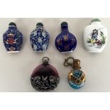 Four Chinese snuff bottles and two other perfume bottles