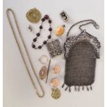 A mixed lot including a 19th century yellow metal and seed pearl mourning brooch,