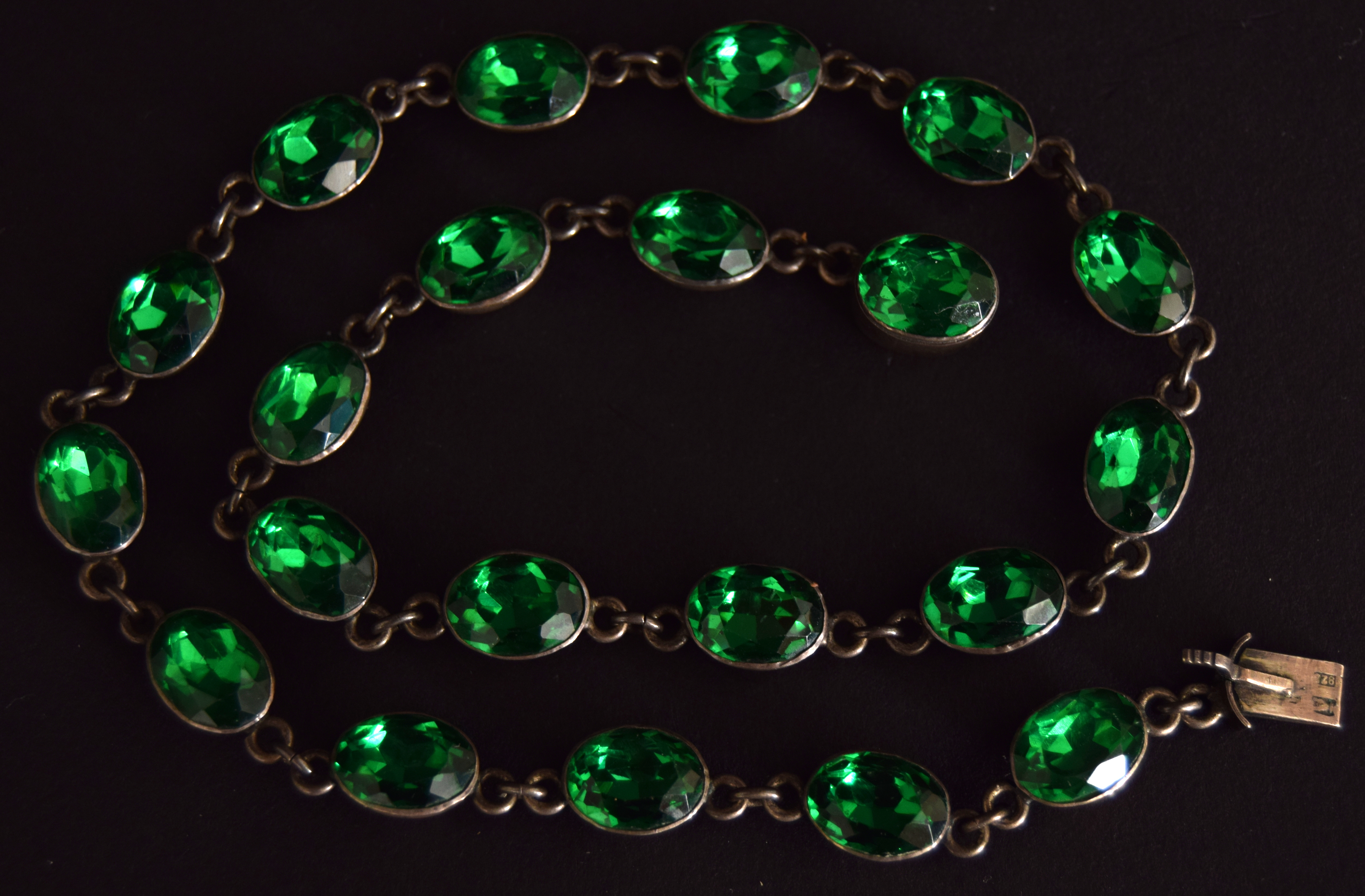 A sterling silver and green paste necklace, marked 825, - Image 2 of 4