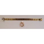 A 9ct gold bracelet of white and pink gold together with a gold ring with pearl