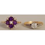 A gold seed pearl and amethyst cluster ring and a solitaire diamond and gold ring with illusion