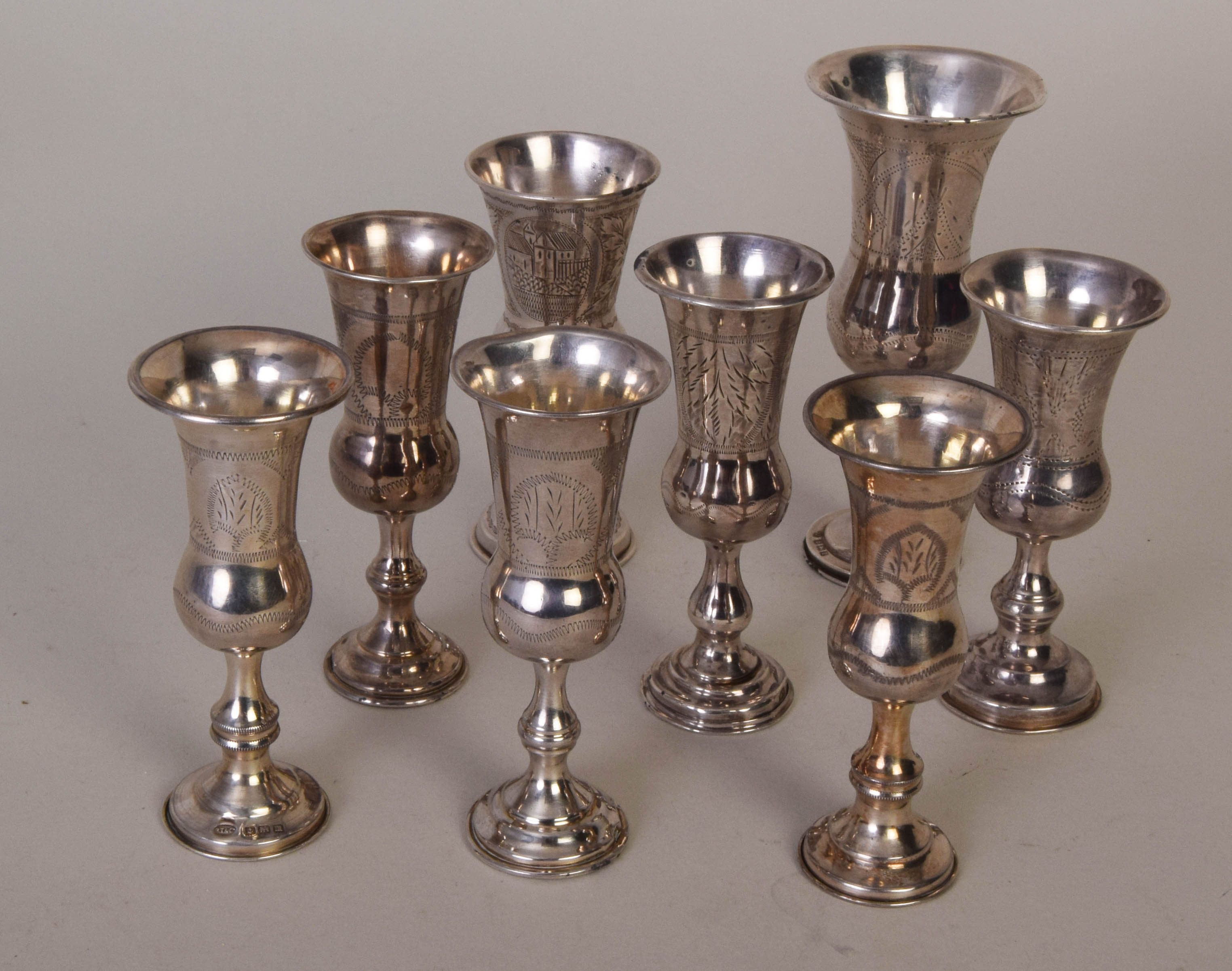 Eight silver posy vases with etched decoration, the tallest 12cmH, the rest 10cmH, various makers, - Image 2 of 2