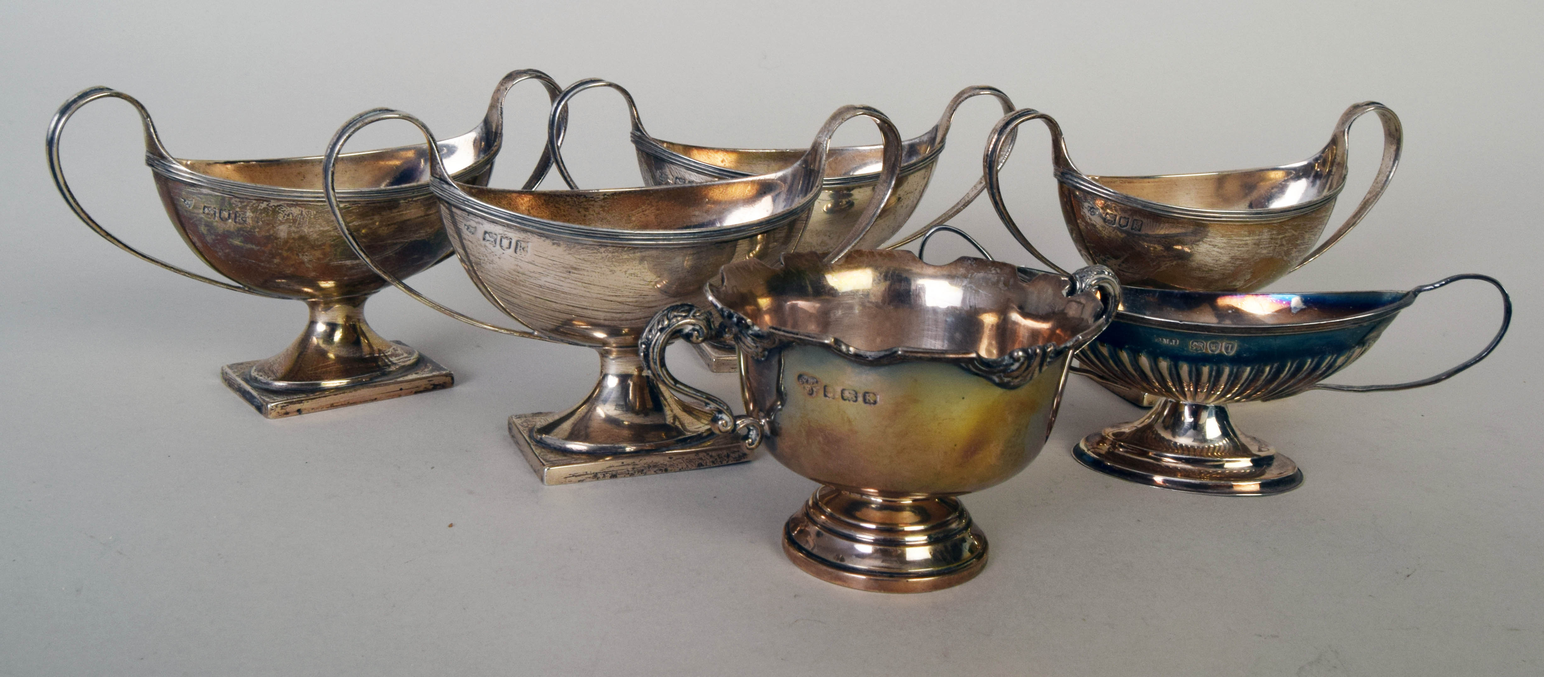 A selection of six small silver double-handled bonbon dishes, the tallest 8cmH,