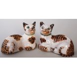 A pair of Staffordshire figures of seated tabby cats, 13cmH, together with a similar pair,