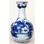 A 19th century Chinese blue and white bottle vase depicting boats with house in the foreground