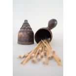 A bamboo dart container featuring a carved figural handle containing approx 36 darts,