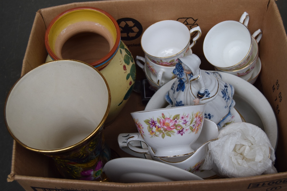 A small box of ceramics, including a set of Colclough cups, saucers,