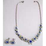 Art deco necklace and earrings in faux sapphire and diamonds