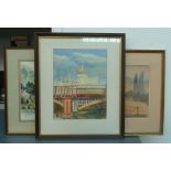 Three pictures: A watercolour of the London skyline,