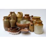 Five ceramic pots, two large jugs, one marked Price H Bristol, three small jugs,