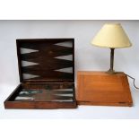 A pinewood writing slope, backgammon board,