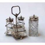 A glass cruet set with silver tops in an EPNS holder together with silver topped mustard pot