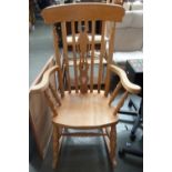 A pine rocking chair 116cmH together with a corner chair