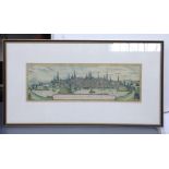 A framed reproduction of a medieval cityscape of Lubec 15 x 46cm