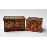 Indian painted three drawer jewellery box, decorated with carved flowers,