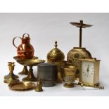 A selection of yellow metal items including candle snuffers,