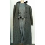 Hand made midi length dress in soft grey herringbone and a grey tweed coat with a velvet collar,