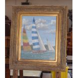 An oak and gesso gilt molded 19th century frame containing a painting of sailing boats