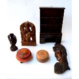 A selection of wooden items, including a hand carved wooden box, a hand painted trinket box,