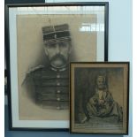 A print of a man in military uniform together with a print that reads 'Alms! For the love of Allah,