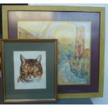 A work on fabric of a church together with a watercolour of a cat,