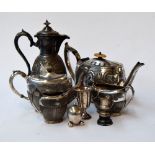 A selection of silver plated items, including three engraved teapots, one from Sheffield,